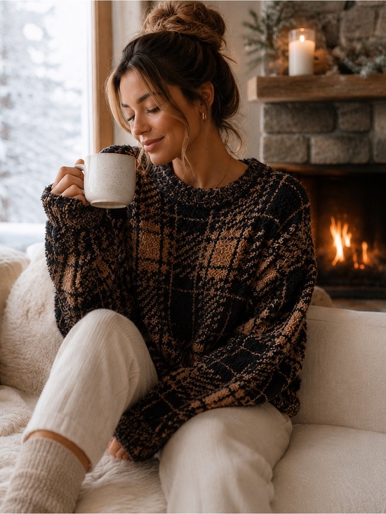 SKIMS Sweaters - SKIMS Plush Plaid Teddy Sweater XL Brown Black Oversized Fuzzy Soft Pullover